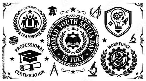 Detailed black and white vector illustration featuring various emblems celebrating world youth skills day concepts