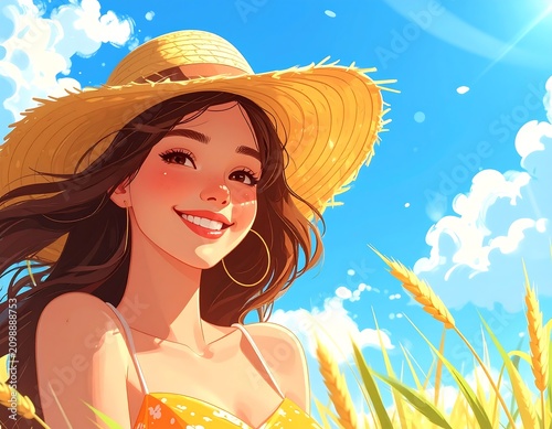 Woman in straw hat in sunlit wheat field