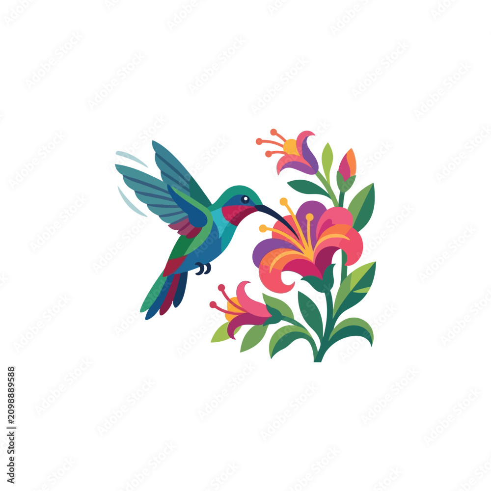 Fototapeta premium Colorful Hummingbird Feeding on Flower.