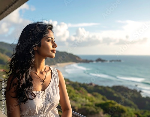 Woman on balcony overlooking ocean sunset