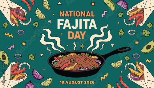 Fotografía Colorful national fajita day celebration poster with delicious sizzling meat ski