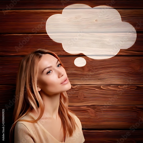 Woman with thought bubble on wood background