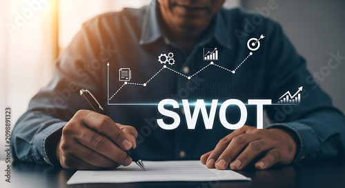 Business professional analyzing SWOT matrix on paper. Strategic planning session with handwritten notes and digital icons for growth.