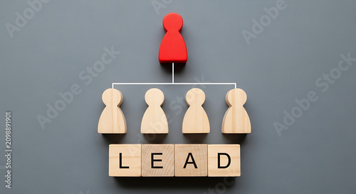 Red leader figure with wooden team. Corporate hierarchy and business management concept.