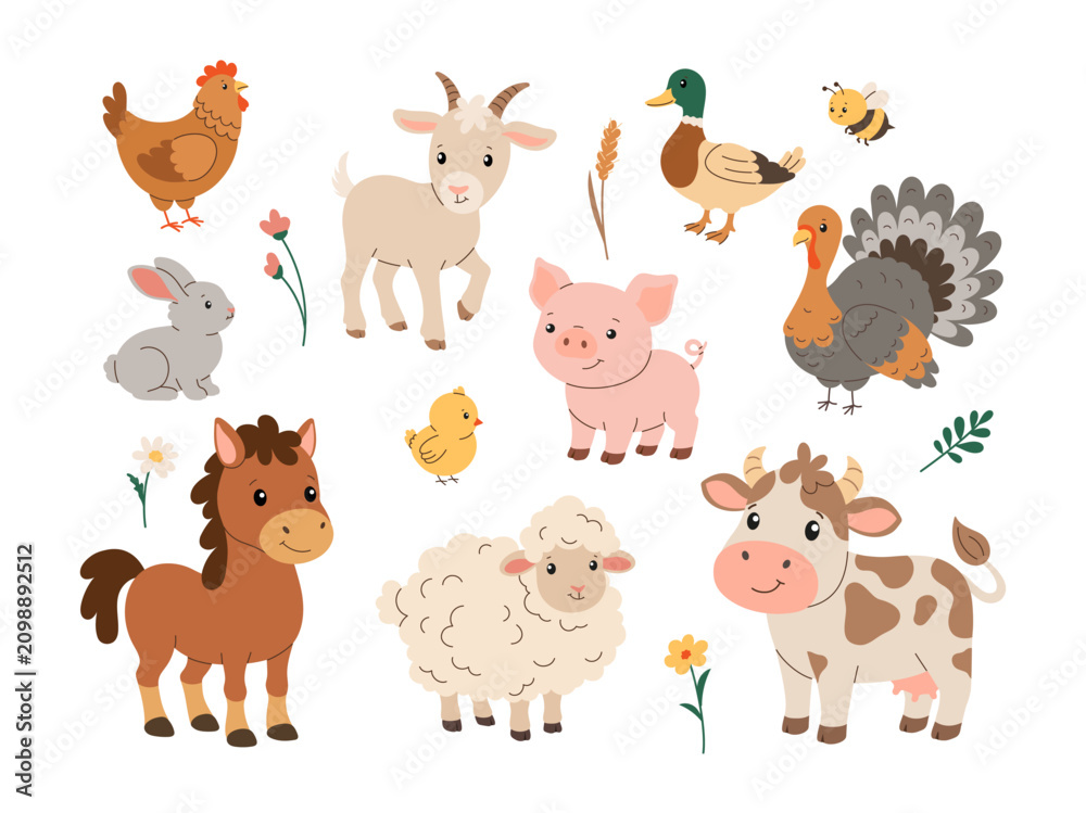 Fototapeta premium Cute farm animals vector set. Isolated on white background.