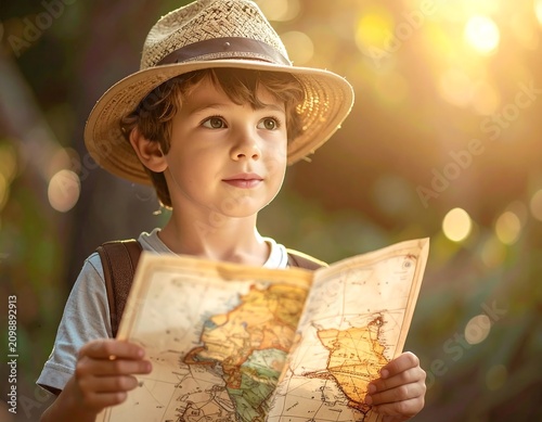 Young explorer with map bathed in sunlight