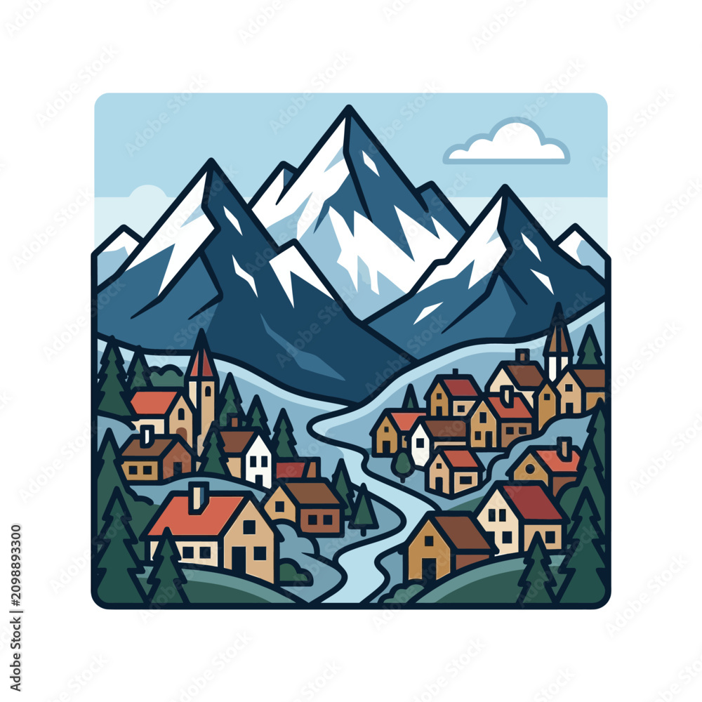 Obraz premium Snowy Mountain Village Landscape Scene.