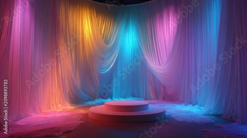 Luxury White Podium with Colorful Neon Silk Drapes for Premium Cosmetic Product Display, Fashion Branding, Event Stage and Modern Mockup Background
