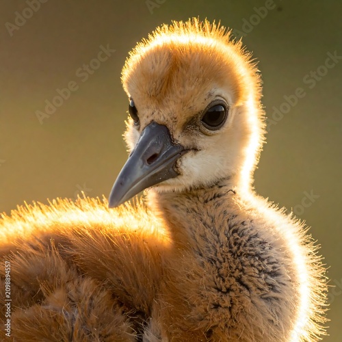 Young feathered bird with golden backlighting