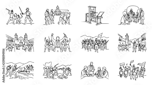 Foto Historical Revolution Line Art Icons: Battles, Protests, Printing Press, and Pol