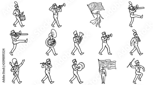 Foto Marching Band Members with Instruments and Flags, Line Art Collection
