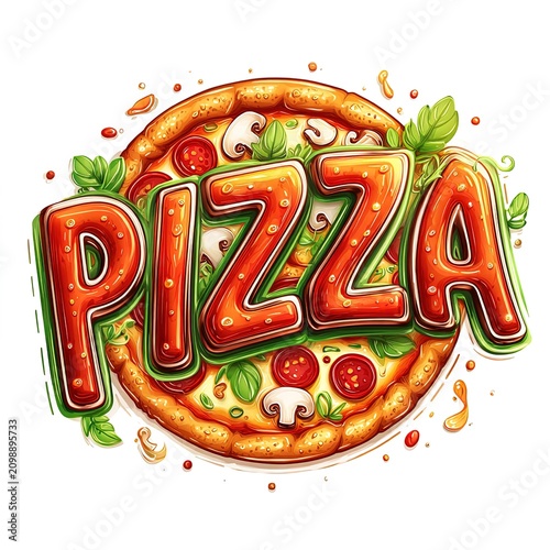 Pizza logo design with PIZZA text over pepperoni mushroom and melted cheese pizza. Ai Generative
