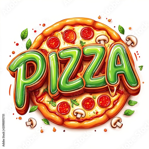 Pizza logo design with PIZZA text over pepperoni mushroom and melted cheese pizza. Ai Generative
