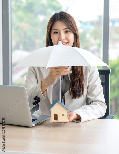 Woman with umbrella protects house from rain