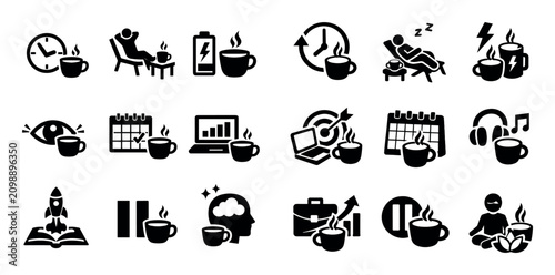 Coffee break and productivity icon set with scheduled pause short rest and energy reset for web design in isometric style