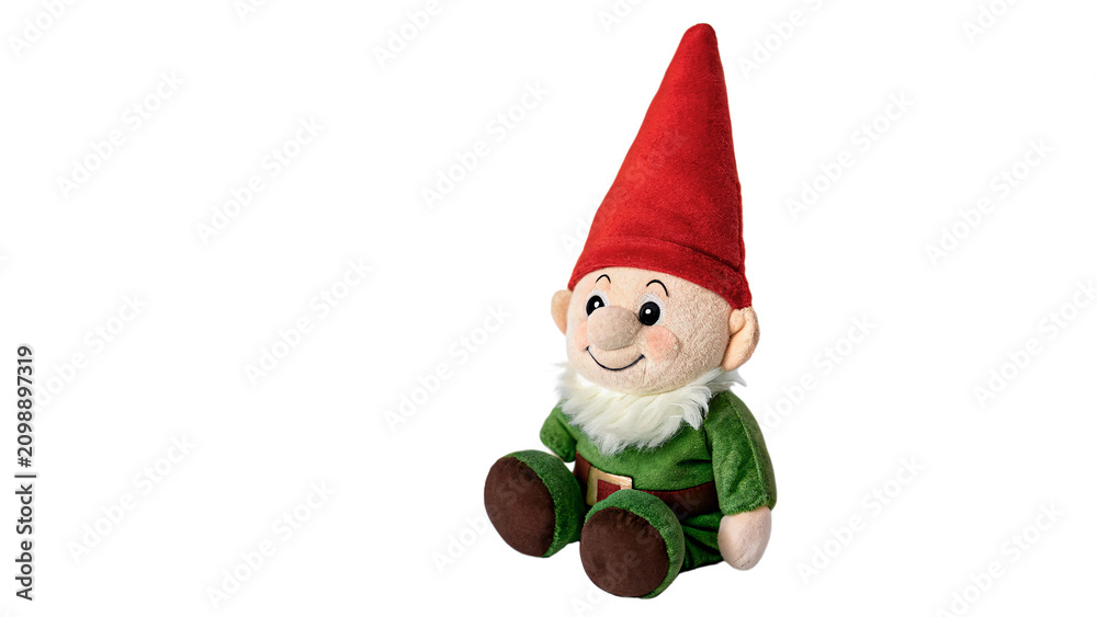 Fototapeta premium Traditional garden gnome figurine with red hat and green coat isolated on transparent background cut out