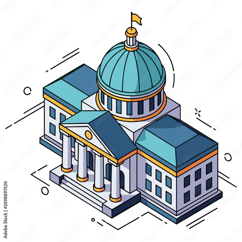 Obraz premium Isometric architectural illustration of a neoclassical building with dome and columns