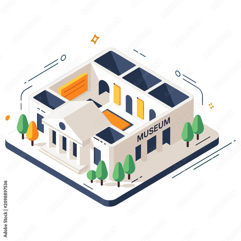 Obraz premium Isometric illustration of a modern museum building with trees and geometric design elements