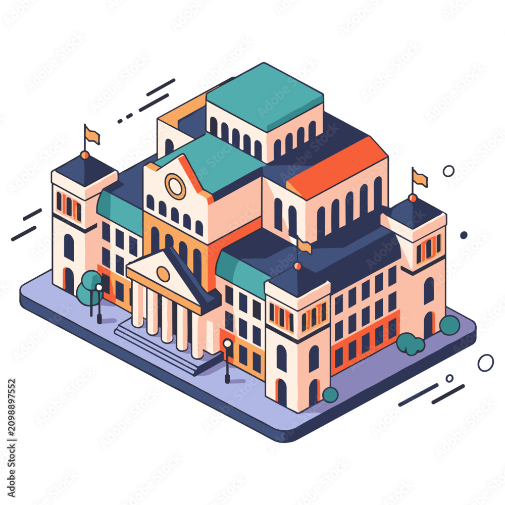 Obraz premium Isometric illustration of a grand university building with flags and trees