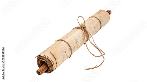 Obraz na płótnie Ancient rolled paper scroll map tied with a rope isolated on transparent backgro