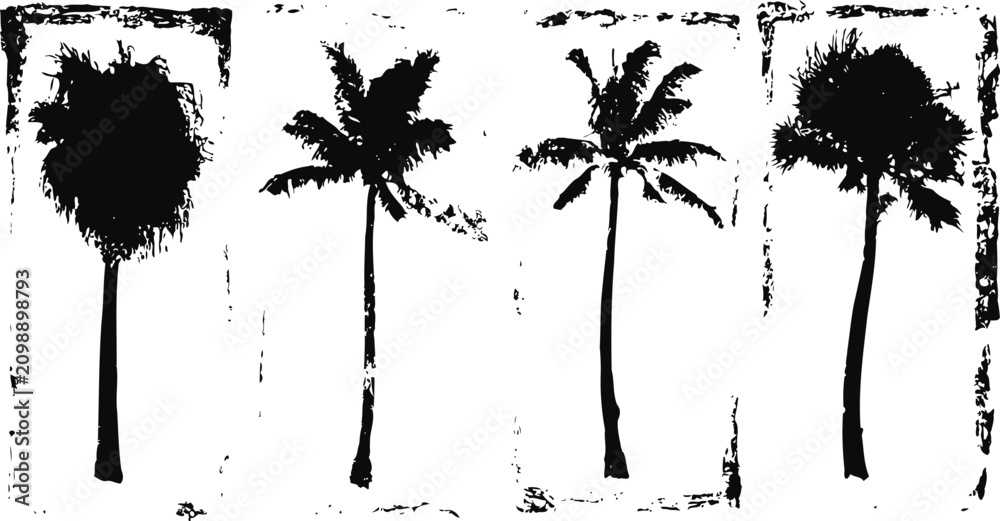 Obraz premium Black and white palm tree silhouettes with textured distressed vintage grunge effect background