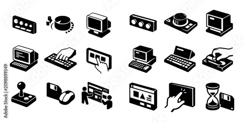 Forgotten technologies and early interfaces icon set with physical buttons dial controls and monochrome screens for presentation in isometric design
