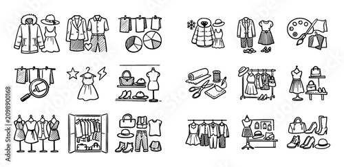 Fashion and seasonal garments icon set with coordinated outfits color harmony and fabric selection for marketing in hand-drawn sketch style