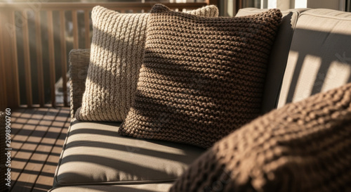 Cozy Outdoor Living Scene With Knitted Cushions Illuminated By Sunlight