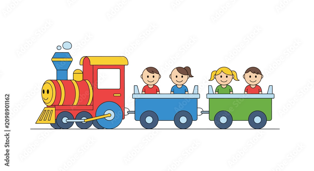 Naklejka premium Cartoon Children Riding a Colorful Toy Train