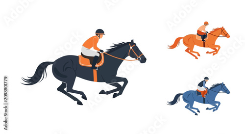 Billede på lærred Set of Flat Vector Illustrations of Horse Racing Jockeys
