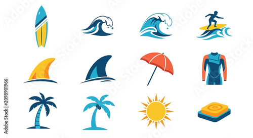 Bild auf Leinwand Set of Surfing and Tropical Beach Icons