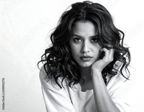 Woman with wavy hair rests chin on hand, direct gaze