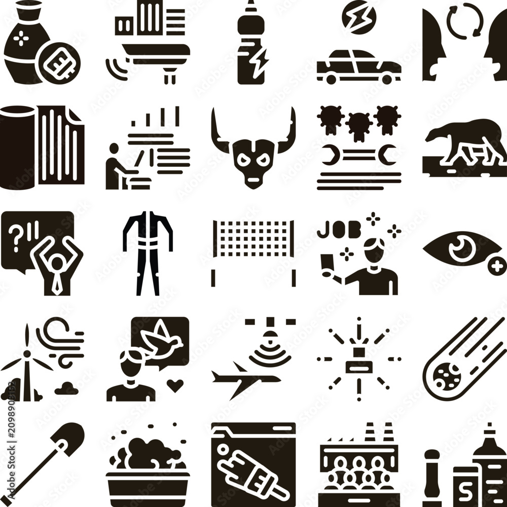 Fototapeta premium Icons representing concepts of business, industry, technology, environment, service, and workplace, illustrating various modern abstract symbols and activities as a unified graphic set