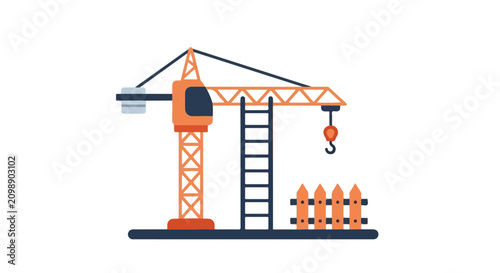 Photos A minimalist vector illustration of an orange and dark blue tower crane equipped with a hook and ladder, positioned beside a wooden fence