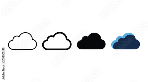 Cloud Icon Set with White, Black, and Blue Clouds on White Background