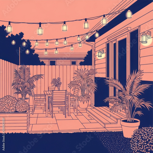 Cozy Outdoor Patio Scene With String Lights And Tropical Plants In Evening