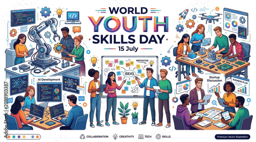 Colorful vector illustration depicting diverse young students collaborating on technology and innovation for world youth skills