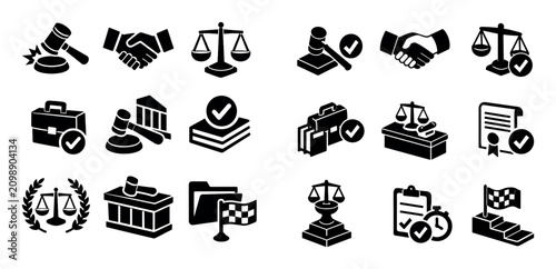 Justice and legal icon set with final decision resolution moment and lawful outcome for web design in black and white isometric style