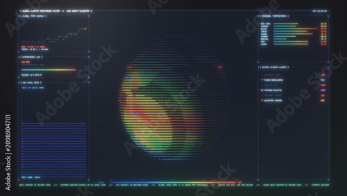 Global climate telemetry screen tracks a rainbow ascii planet flanked by temperature, co2 and disaster alert readouts, credible science look for reports and documentaries