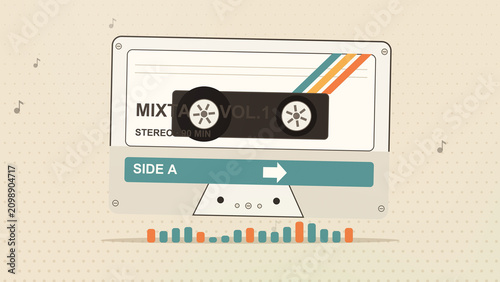 Foto Retro compact cassette turns on a beige halftone backdrop while an equalizer dan