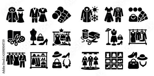 Clothing boutique fashion and clothing collection design icons with seasonal garments coordinated outfits and color harmony for branding design in filled glyph style