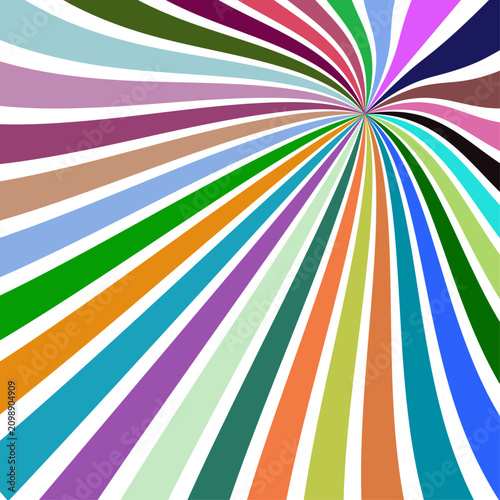 Abstract vector background featuring a twisted multicolor sunburst ray pattern, symbolizing dynamic energy, psychedelic retro design, and optical illusion.