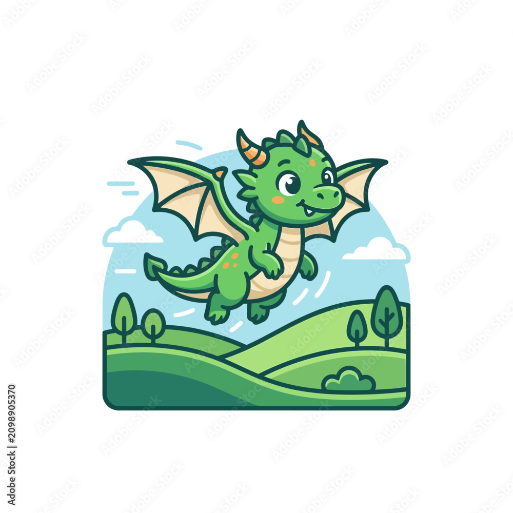 Naklejka premium Smiling green cartoon dragon flying outdoors.