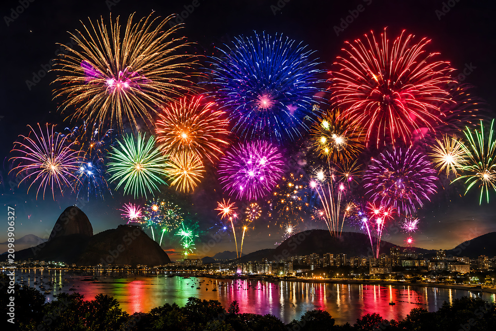 Obraz premium Colorful fireworks display over a city skyline. Vibrant pyrotechnics lighting up night sky.