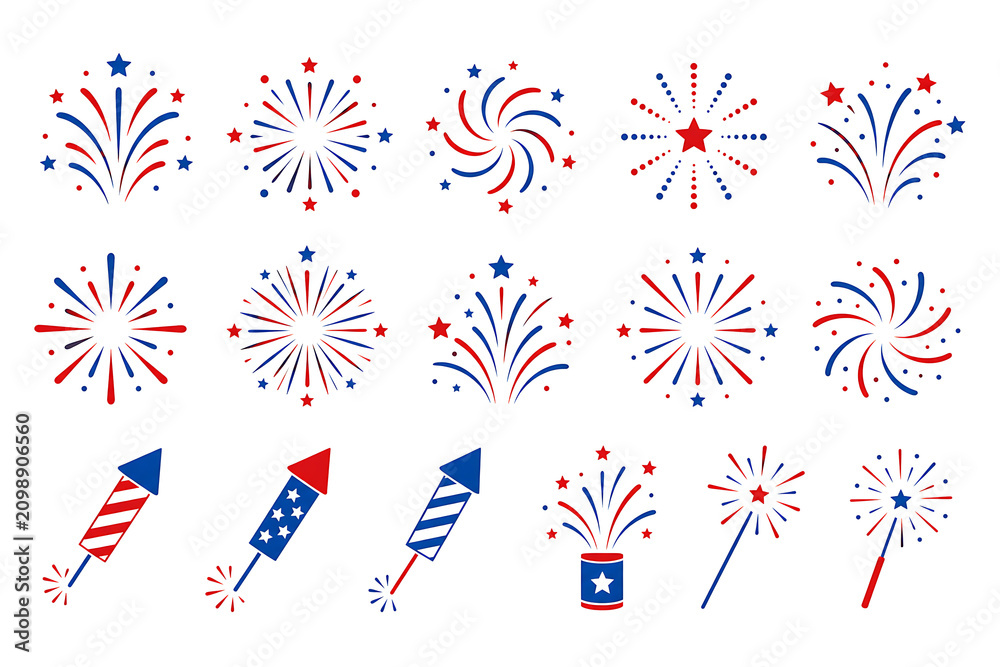 Obraz premium Fireworks icon set. Patriotic red white and blue pyrotechnics collection for holiday design.