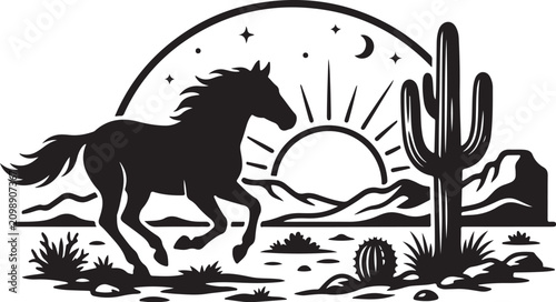 Foto Vintage wild horse silhouette running in desert landscape, western mustang stall