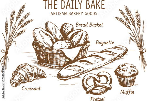 Cuadro en lienzo Hand drawn set of bakery goods including bread basket baguette croissant pretzel