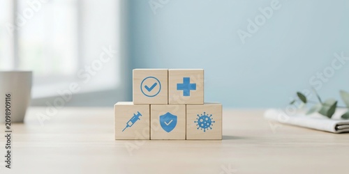 Stack of wooden cubes with health care and medical icons