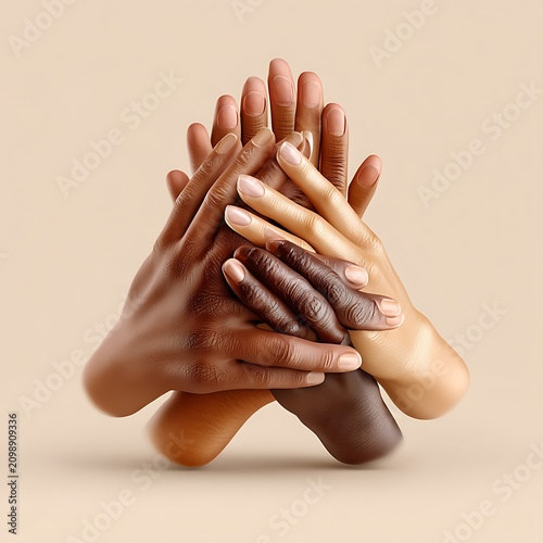 Diverse human hands stacked together high resolution image