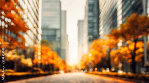 ビル街と紅葉した並木が色づく秋の都市風景